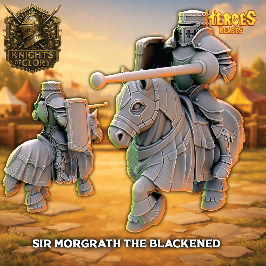 Animated character Sir Morgrath the Blackened from 'Knights of Glory' on a stone path with a castle in the background.