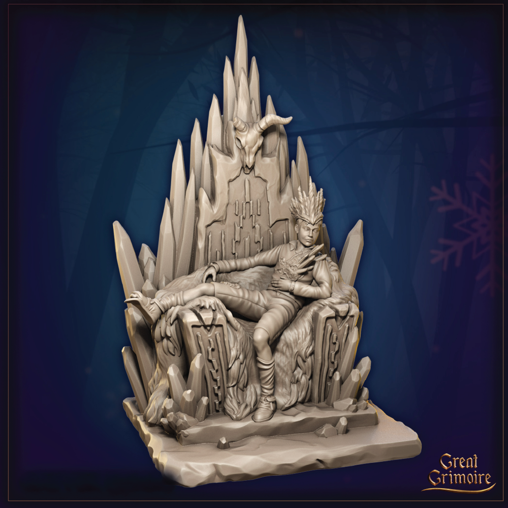 Statue of a figure on a throne with a dark blue background