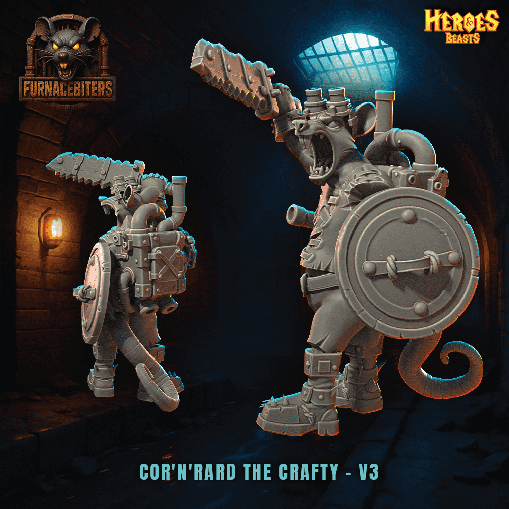 A steampunk ratkin wielding a ragged sword and shield