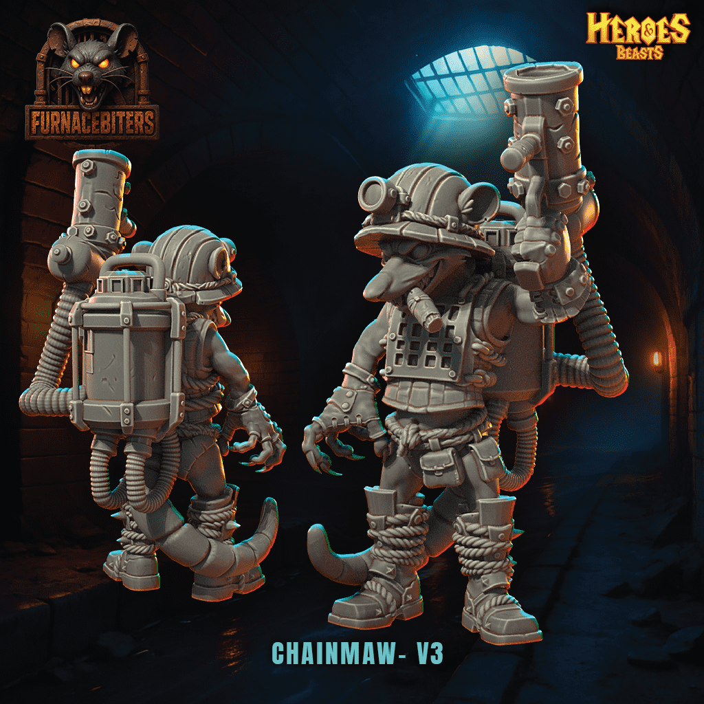 Two toy figures of 'Chainmaw V3' with 'Furnace Bitters' branding on a dark background.