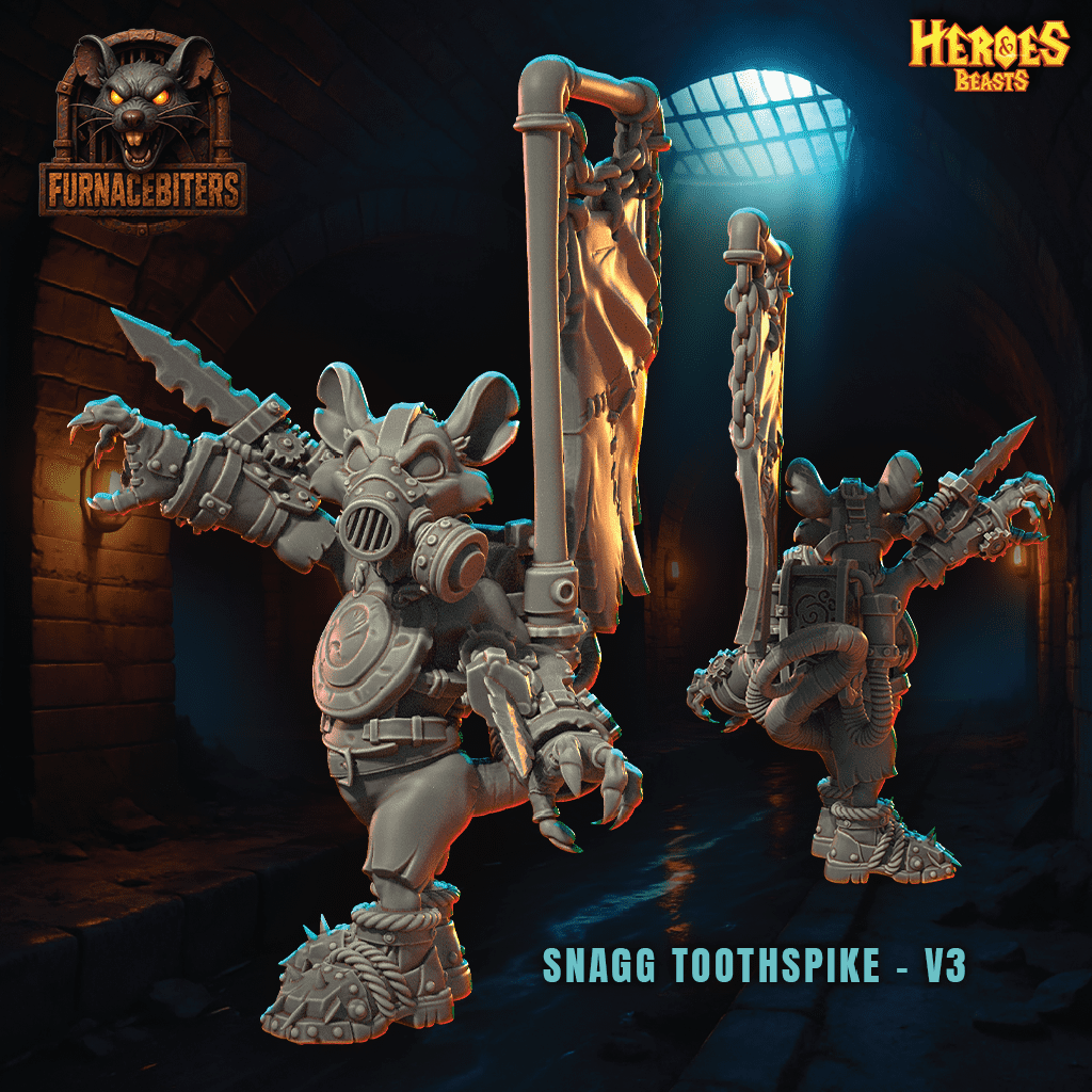 Two fantasy creature figurines with weapons in a dark, dungeon-like setting, featuring 'Furnacebiters' and 'Heroes & Beasts' branding.