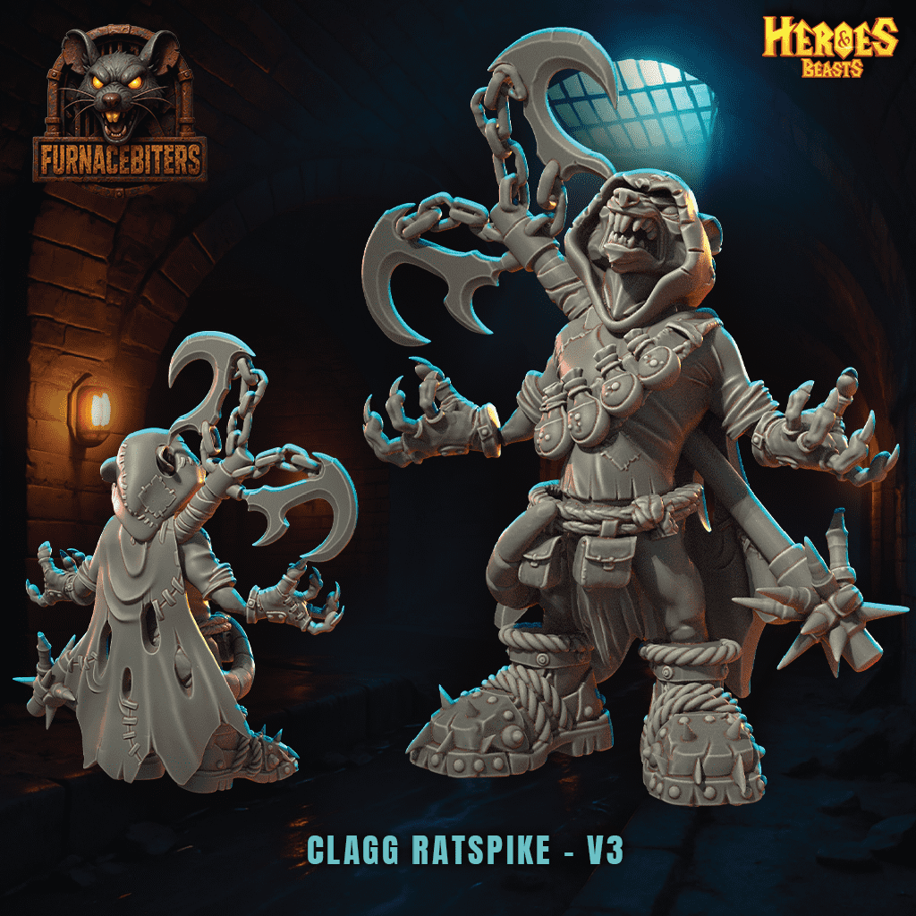 Two fantasy figurines with 'Furnacebiters' and 'Heroes Beasts' branding on a dark background.