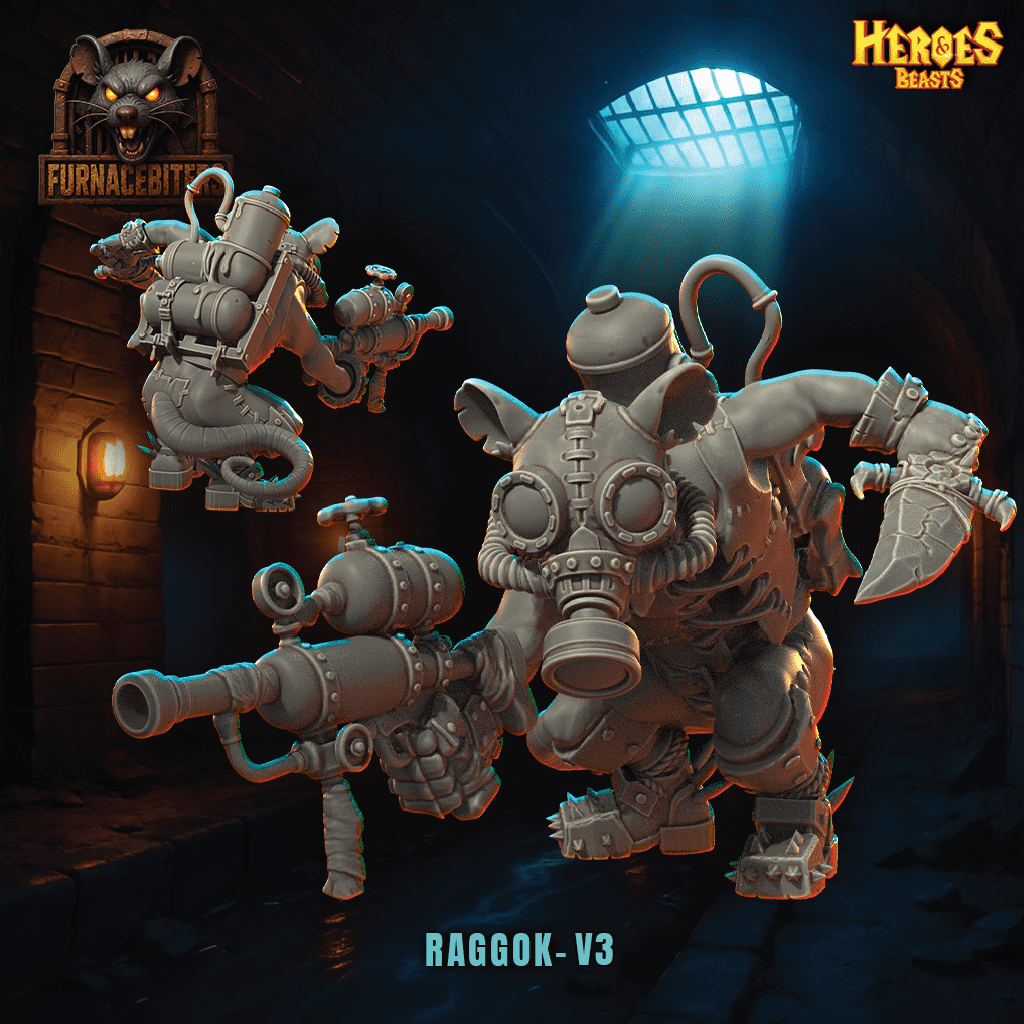 Stylized figure of a creature with mechanical parts and a gas mask, set against a dark background with 'Heroes & Beasts' branding.