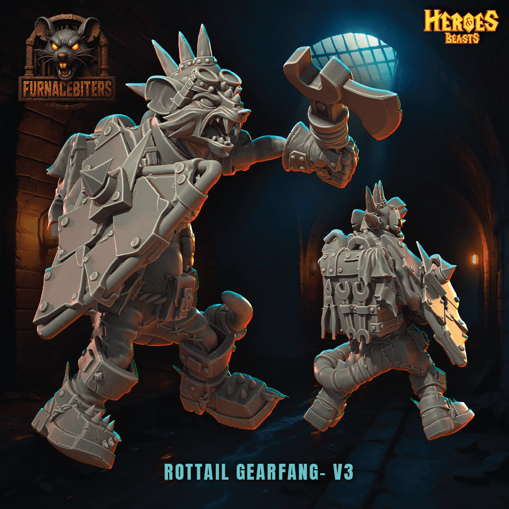 Two fantasy creature figurines with armor and weapons on a dark background, featuring 'Furnacebiters' and 'Heroes Beasts' logos.