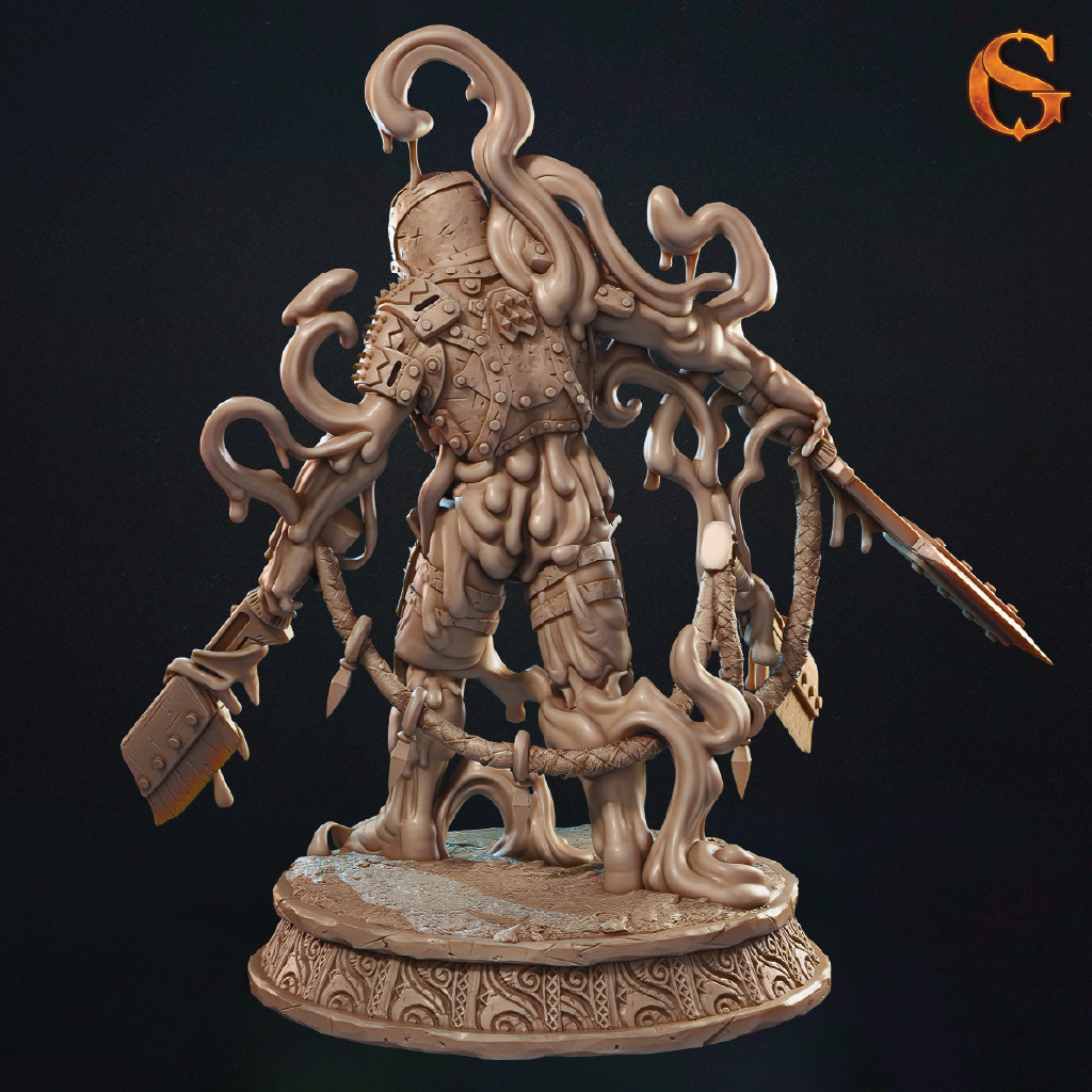  detailed fantasy figurine with armor and weapons on a dark background