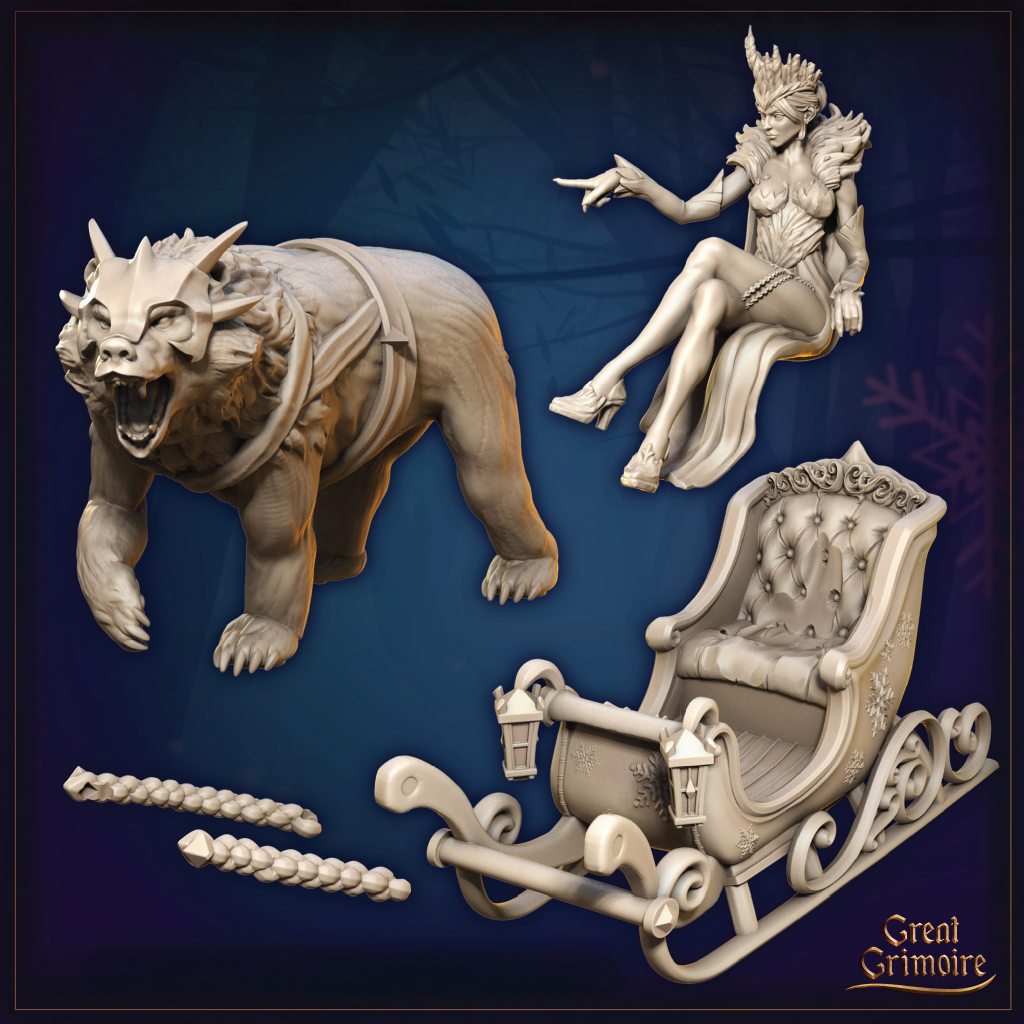 A render of the parts for an Ice Queen seated in a sleigh being pulled by an armored polar bear.
