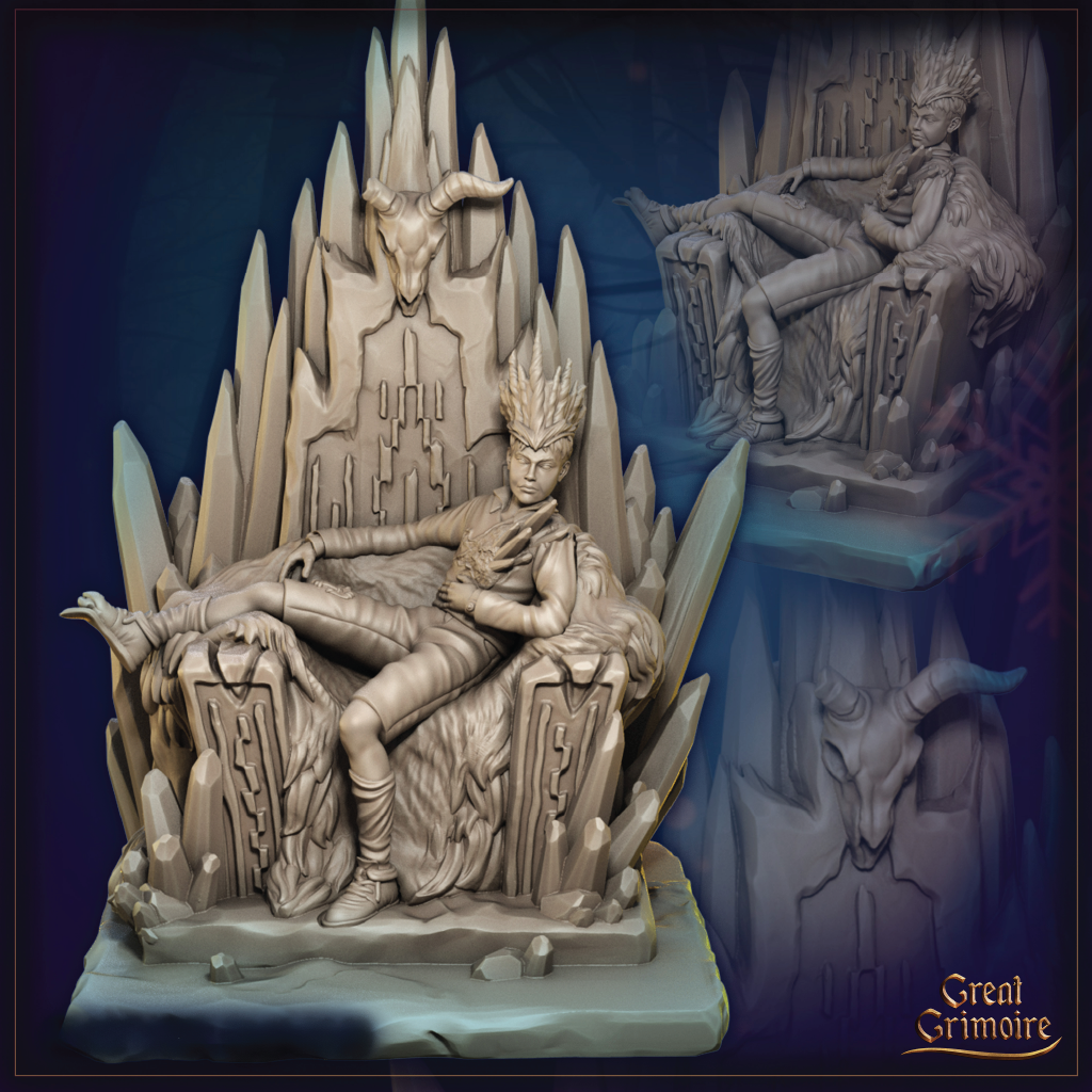 Fantasy sculpture of a warrior on a throne with intricate design elements, featuring the brand 'Great Grimoire'.