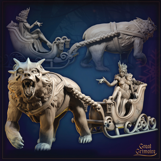 A render of an Ice Queen seated in a sleigh being pulled by an armored polar bear.