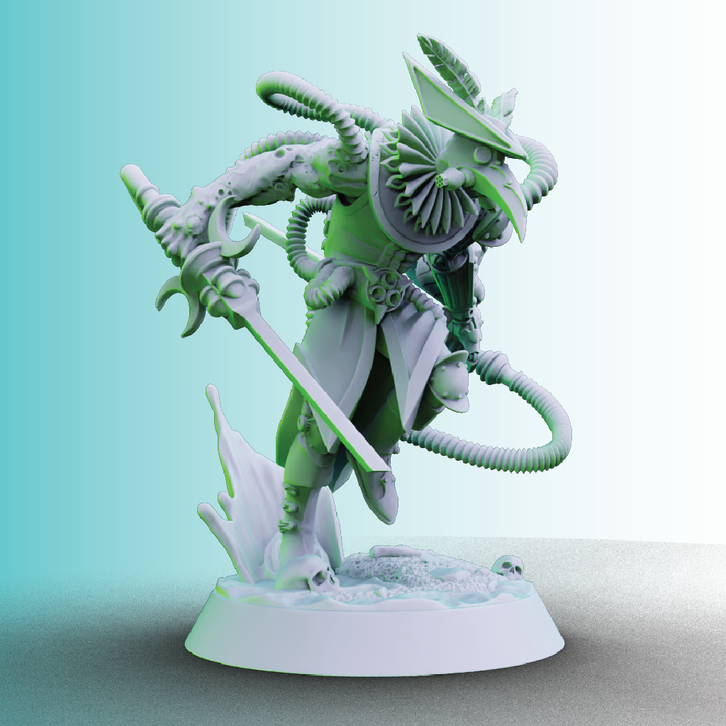 Green and white fantasy figurine on a light blue gradient background