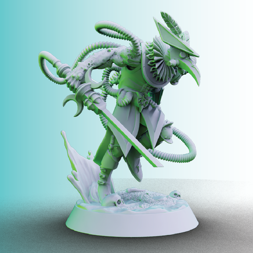 Green and white fantasy figurine on a light blue gradient background