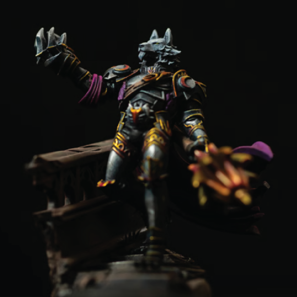 Fantasy figurine with armor and weapon on a dark background