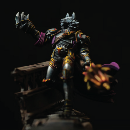 Fantasy figurine with armor and weapon on a dark background