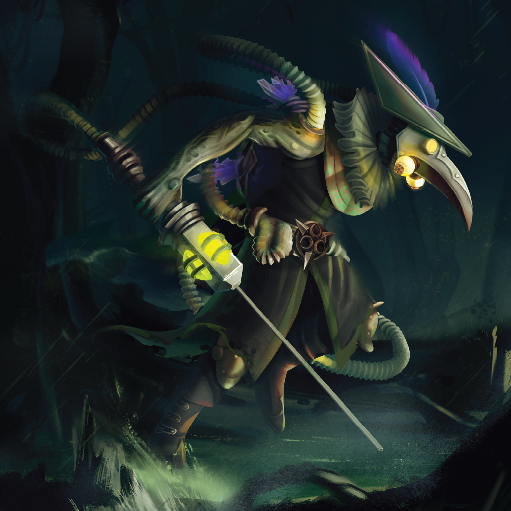 Fantasy creature with snake-like features holding a spear in a dark, mystical setting