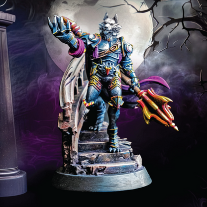 Fantasy figurine with armor and weapon on a dark background