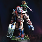 Detailed figurine of a fantasy character with another figure on its back against a dark background