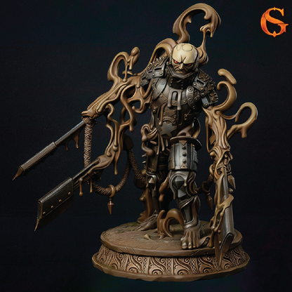 Detailed figurine of a warrior with ornate armor and weapons on a dark background