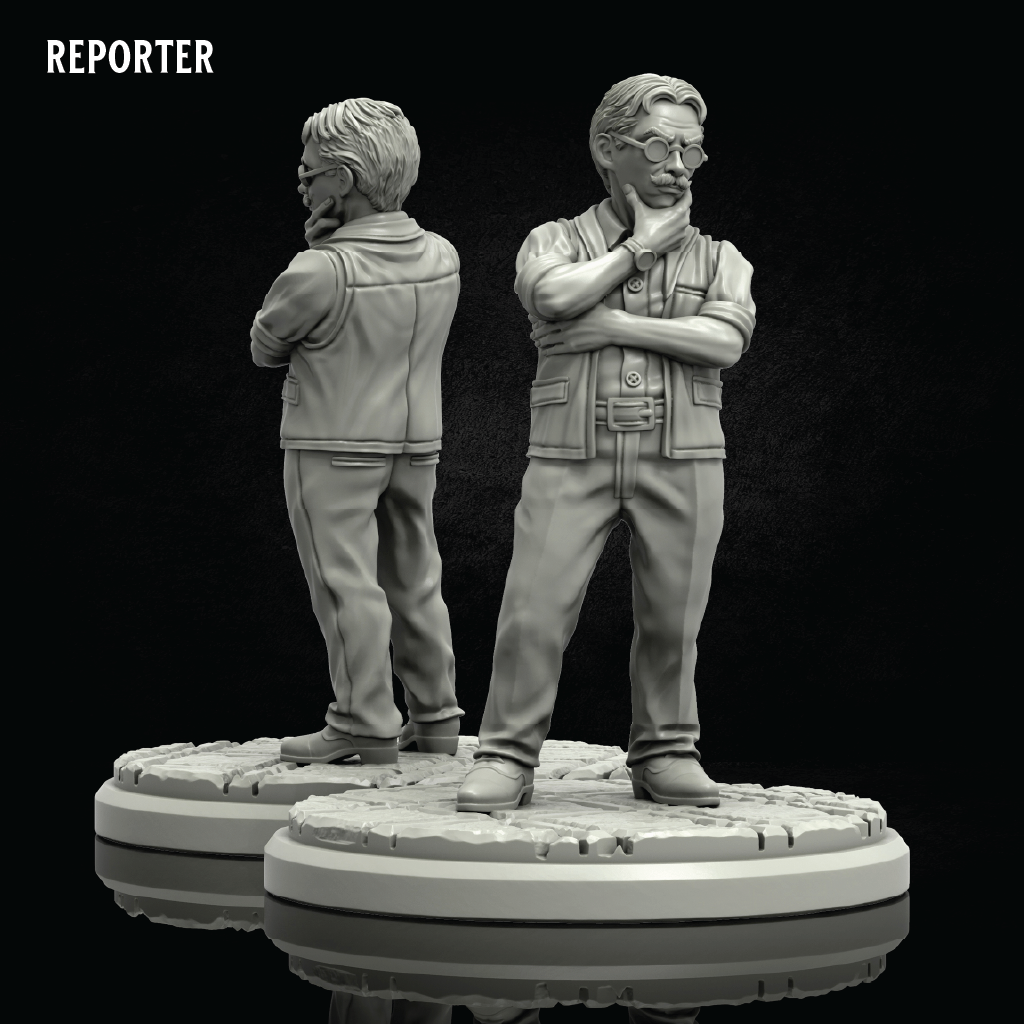 Two unpainted gray miniature figurines of a man in a reporter outfit, one shown from the back and the other from the front, standing on circular bases against a black background. The text 'REPORTER' is visible in the top left corner.