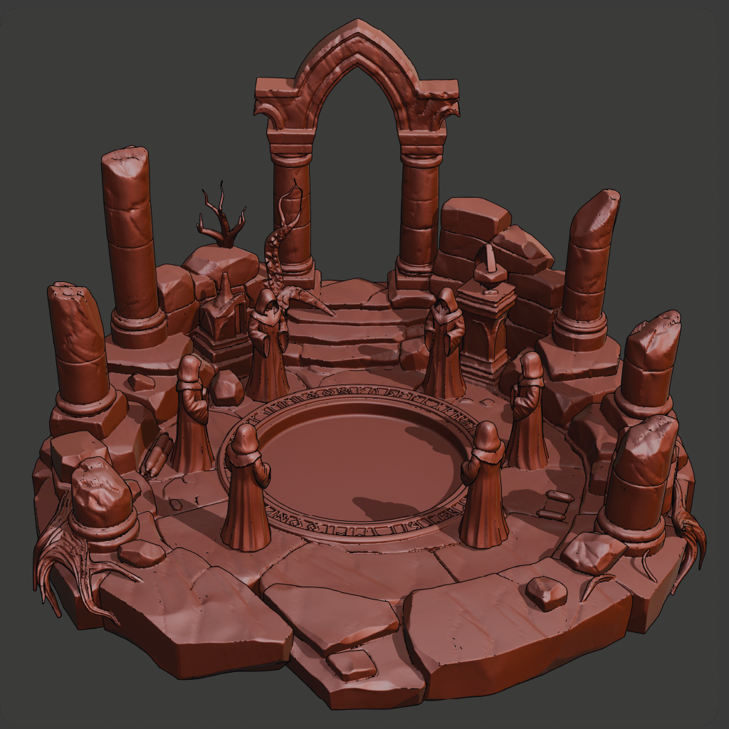 A 3D-rendered fantasy stone arena or arena-like set with an arched doorway, circular platform, pedestal, broken pillars, and several robed figures, all rendered in a uniform reddish-brown material against a dark gray background.