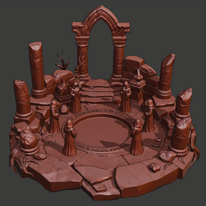 A 3D-rendered fantasy stone arena or arena-like set with an arched doorway, circular platform, pedestal, broken pillars, and several robed figures, all rendered in a uniform reddish-brown material against a dark gray background.