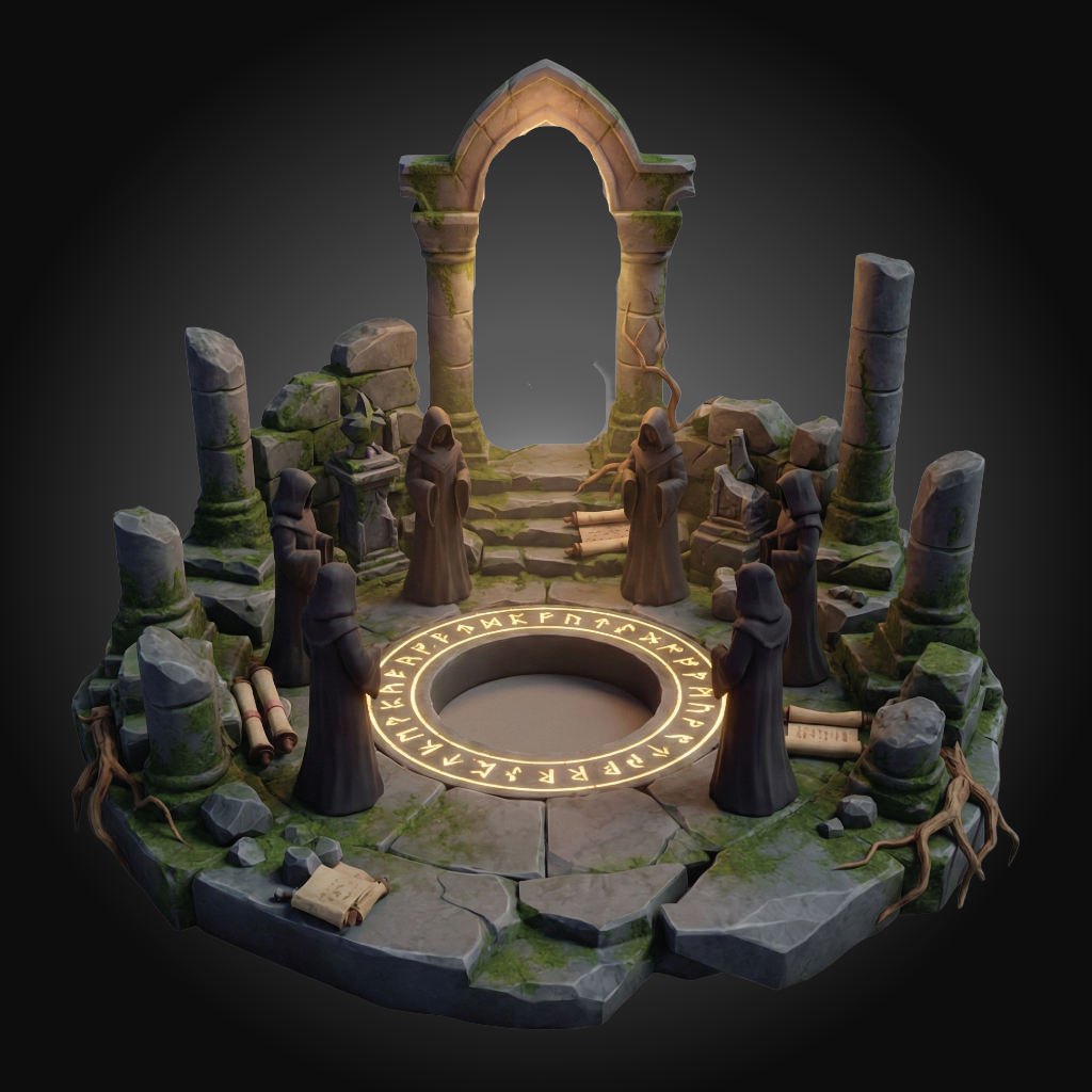 A fantasy miniature diorama of ancient stone ruins with robed figures standing around a circular altar featuring glowing runic symbols, set against a dark gradient background.