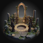 A fantasy miniature diorama of ancient stone ruins with robed figures standing around a circular altar featuring glowing runic symbols, set against a dark gradient background.