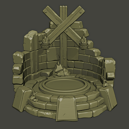 Stone well with wooden crossbeam and torches on a dark background