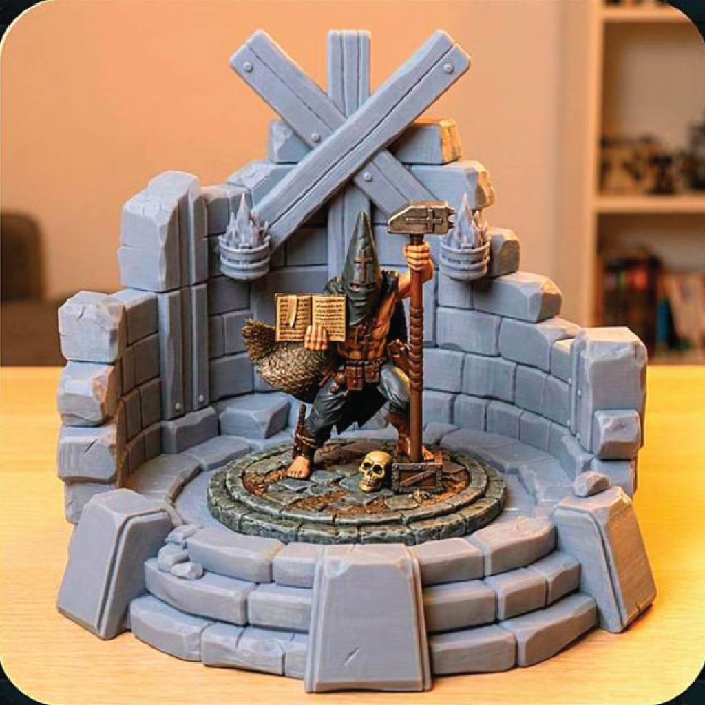 Miniature fantasy scene with a character and architecture on a wooden surface