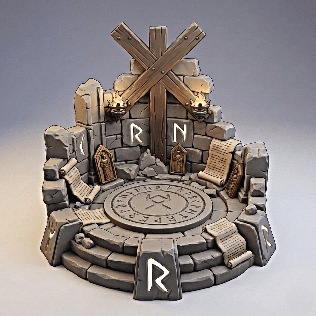 Decorative stone altar with runes and candles on a gray background