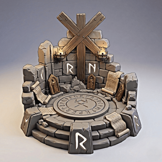 Decorative stone altar with runes and candles on a gray background