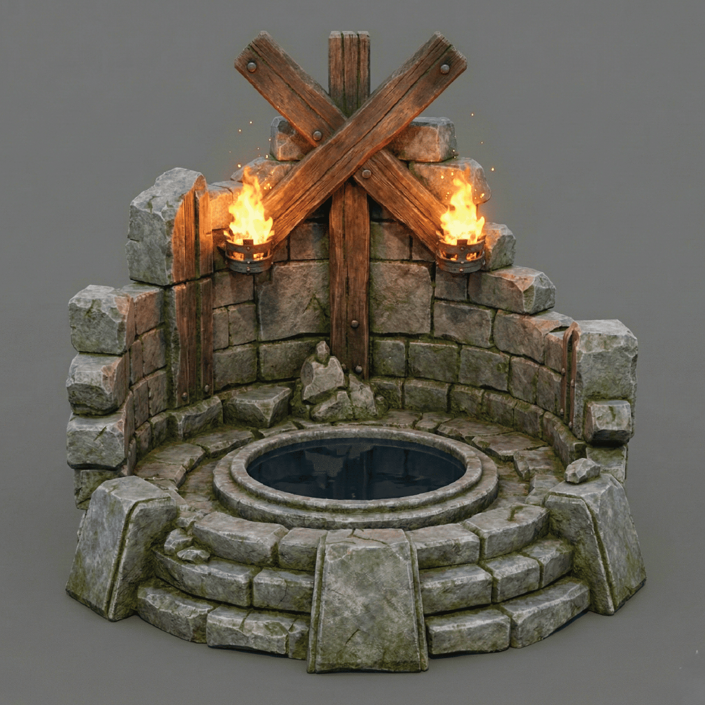 Stone well with wooden crossbeam and torches on a gray background