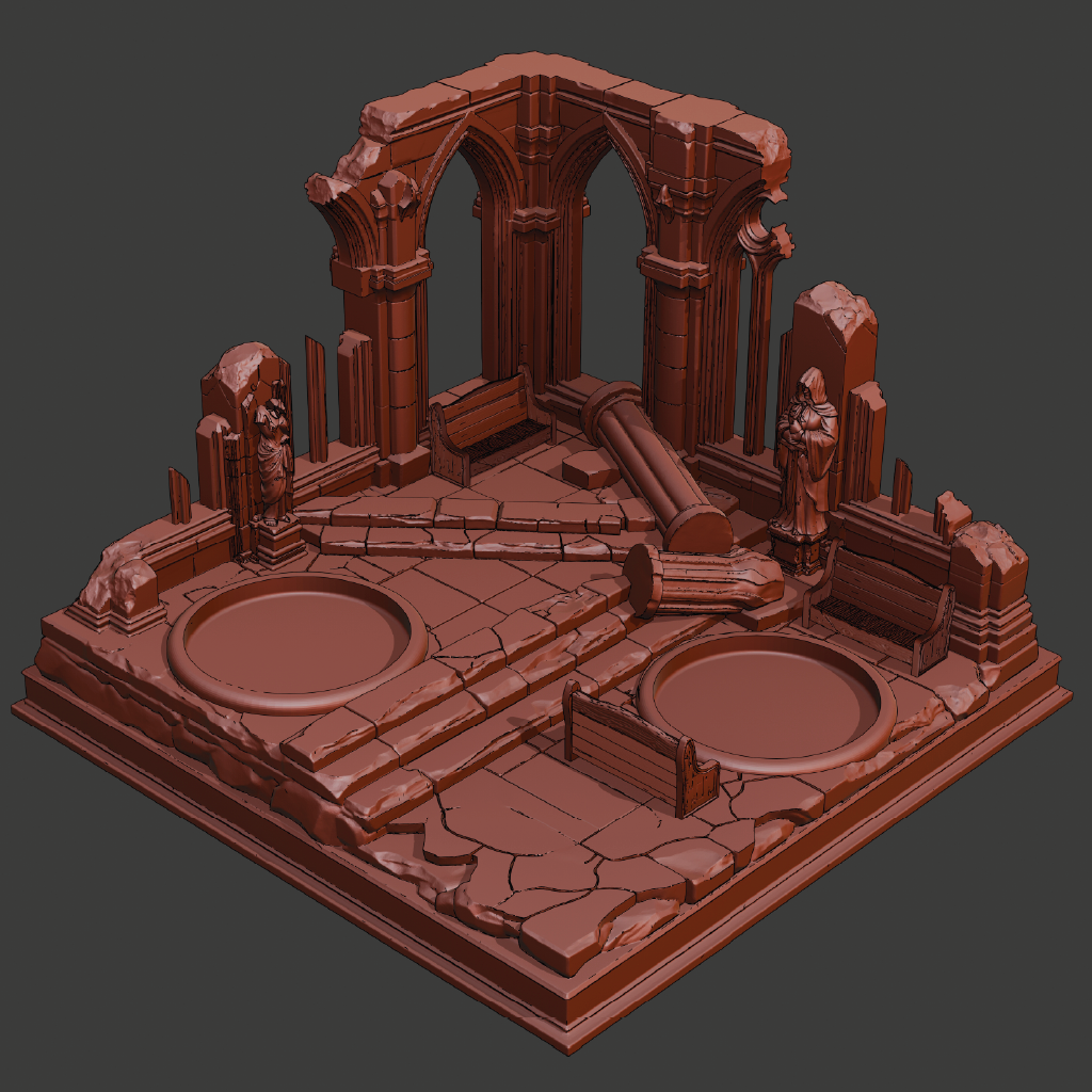 A 3D-rendered miniature ruins set with gothic arches, stone columns, circular platforms, and small statue figures, shown on a dark gray background.