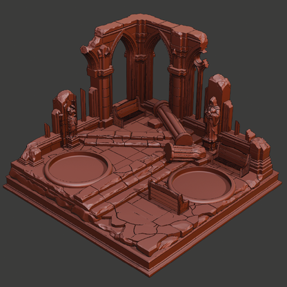 A 3D-rendered miniature ruins set with gothic arches, stone columns, circular platforms, and small statue figures, shown on a dark gray background.