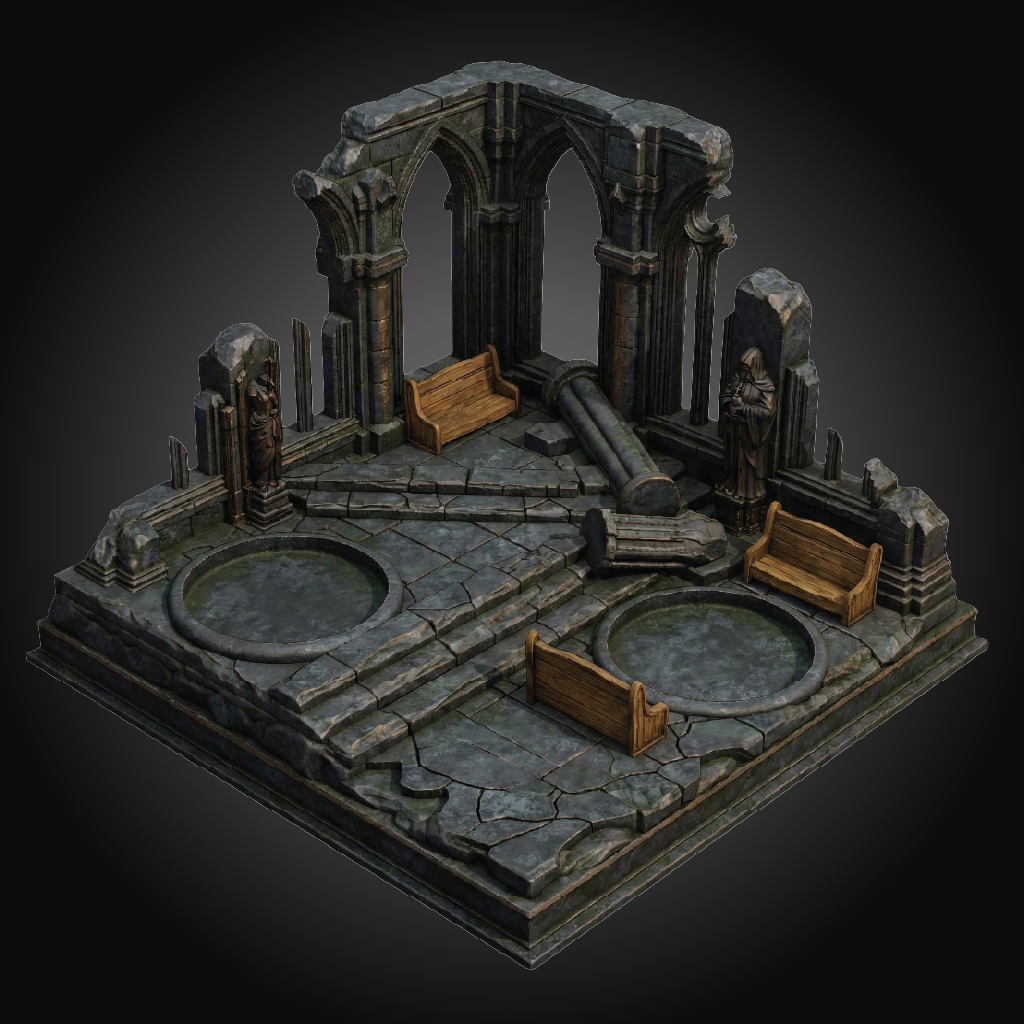 A miniature gothic ruins tabletop terrain piece featuring stone arches, benches, pillars, and circular stone pools on a dark gradient background.
