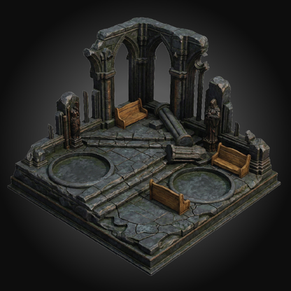 A miniature gothic ruins tabletop terrain piece featuring stone arches, benches, pillars, and circular stone pools on a dark gradient background.