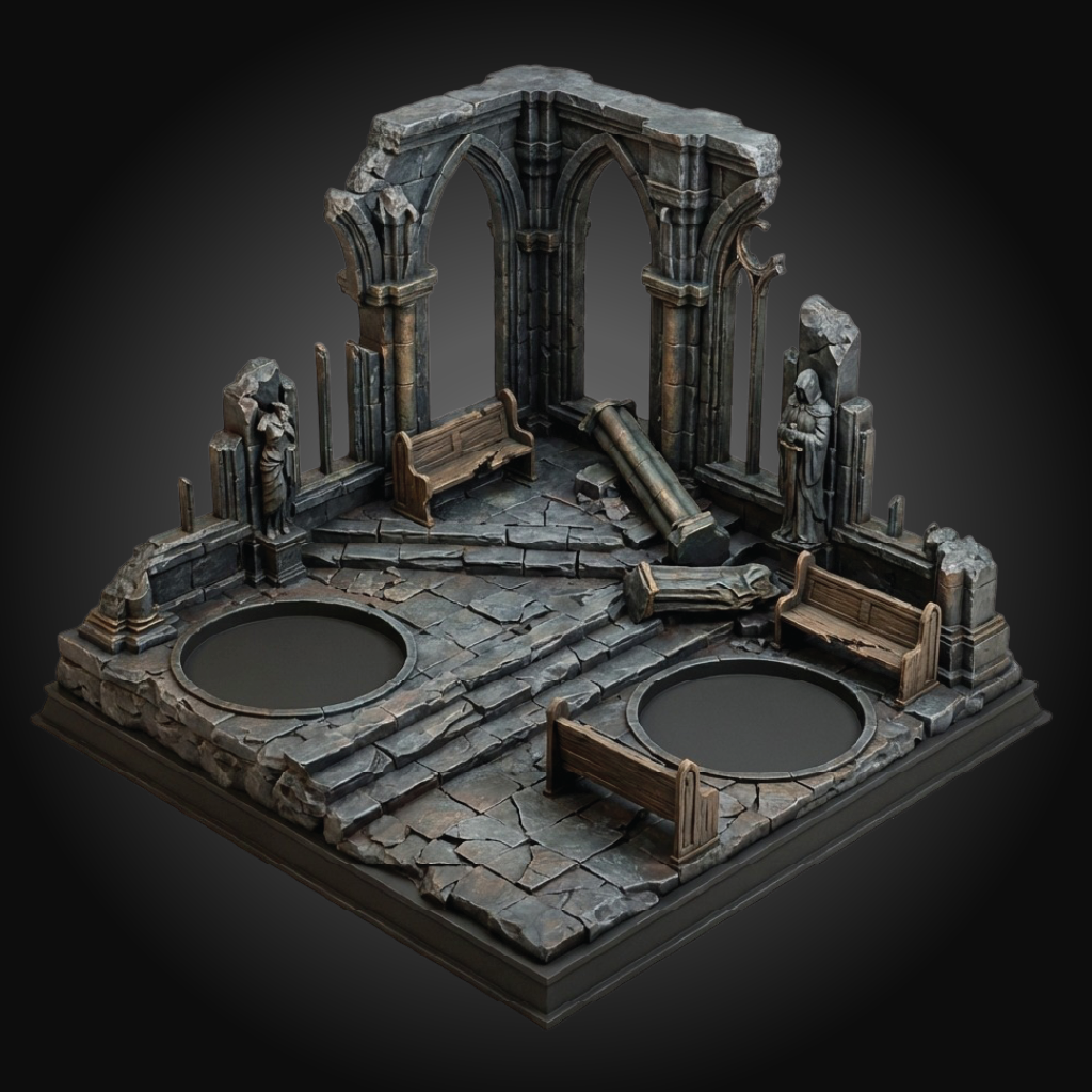 A miniature tabletop gaming diorama set depicting a ruined gothic stone cathedral interior with arches, benches, statues, and circular pits, shown on a dark gradient background.