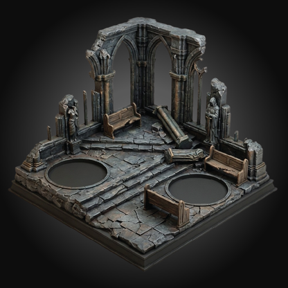 A miniature tabletop gaming diorama set depicting a ruined gothic stone cathedral interior with arches, benches, statues, and circular pits, shown on a dark gradient background.
