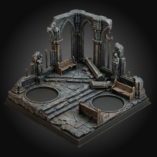 A miniature tabletop gaming diorama set depicting a ruined gothic stone cathedral interior with arches, benches, statues, and circular pits, shown on a dark gradient background.