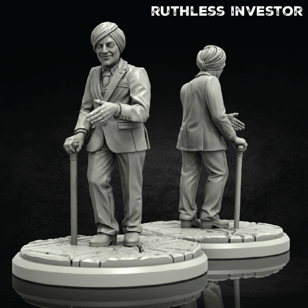 Two statues of a man in a suit and turban on a black background with 'Ruthless Investor' text.