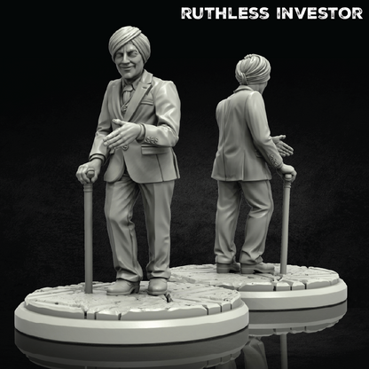 Two statues of a man in a suit and turban on a black background with 'Ruthless Investor' text.