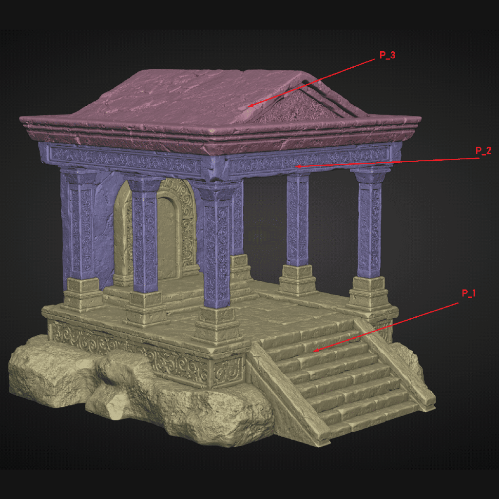 3D model of a classical architectural structure with steps and columns on a black background