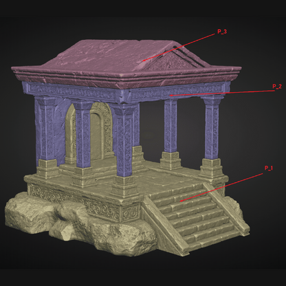 3D model of a classical architectural structure with steps and columns on a black background