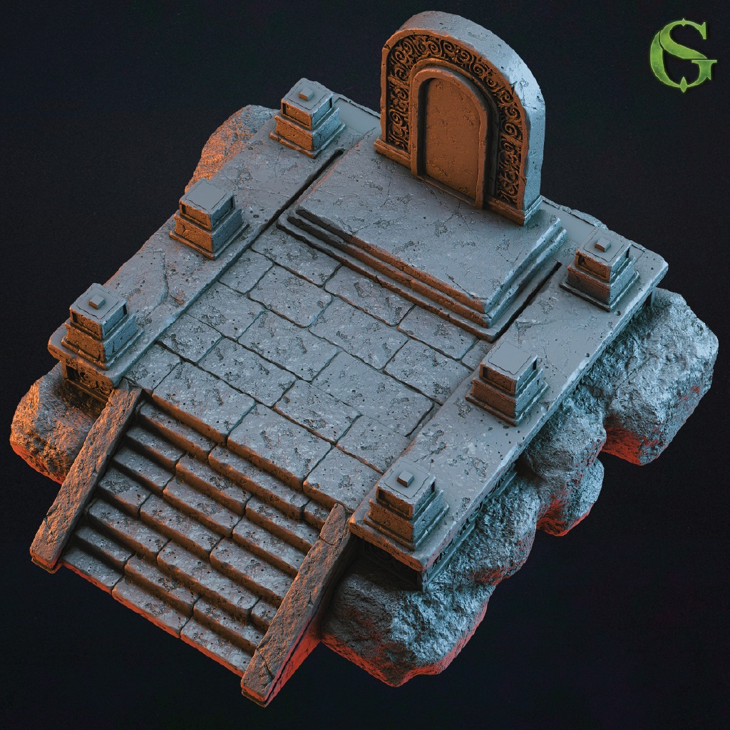 Stone temple model with steps and decorative arch on a dark background