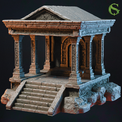 Model of an ancient temple with detailed architecture on a dark background