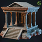 Model of an ancient temple with detailed architecture on a dark background