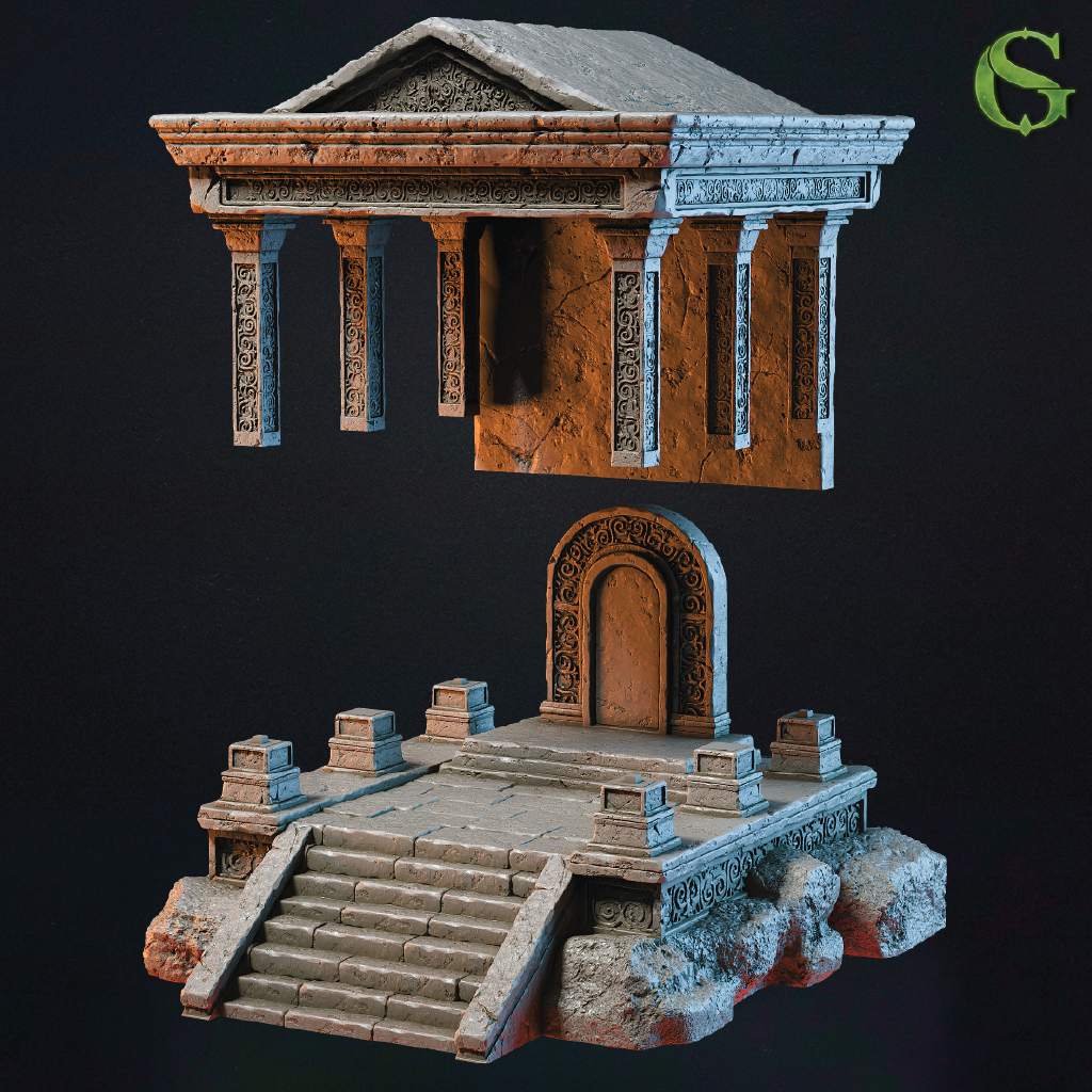 Model of an ancient temple structure on a black background