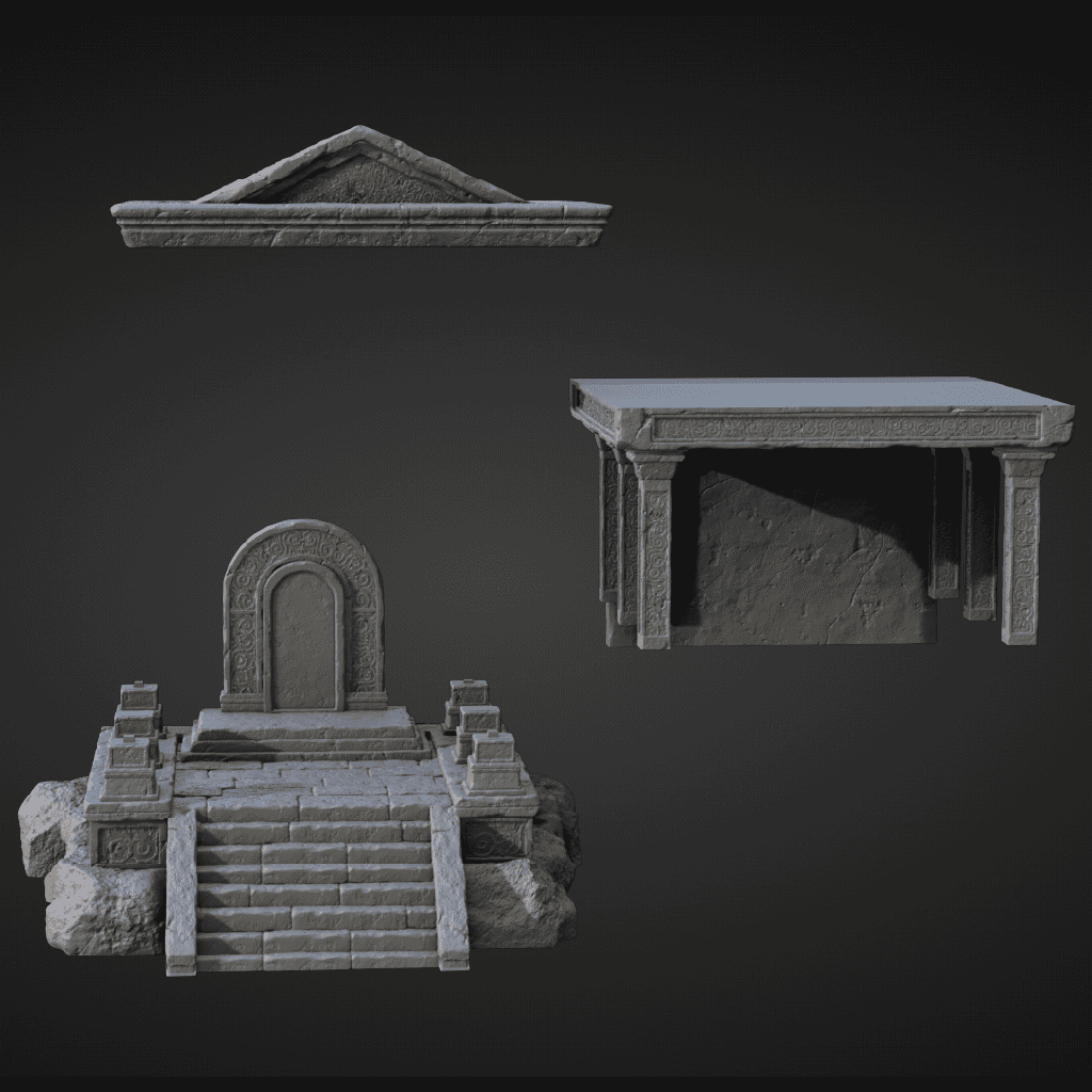 Set of stone architectural elements on a dark background