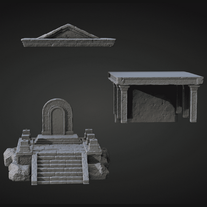 Set of stone architectural elements on a dark background