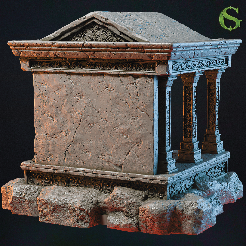 Stone architectural model with columns and decorative elements on a dark background