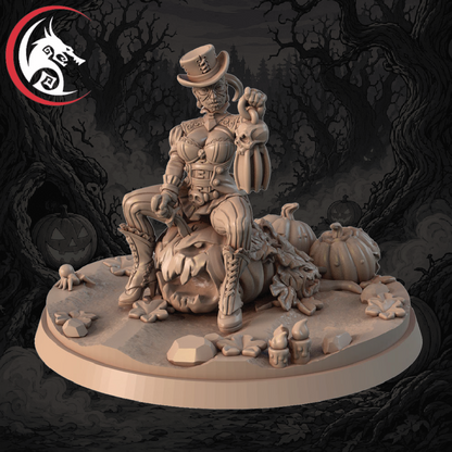 A 3D-rendered Halloween-themed miniature figurine of a skeleton woman in a top hat sitting on a jack-o'-lantern, surrounded by pumpkins and autumn decorations, shown on a round base against a dark spooky forest background. A red-and-white wolf logo appears in the top-left corner.