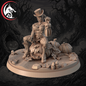 A 3D-rendered Halloween-themed miniature figurine of a skeleton woman in a top hat sitting on a jack-o'-lantern, surrounded by pumpkins and autumn decorations, shown on a round base against a dark spooky forest background. A red-and-white wolf logo appears in the top-left corner.